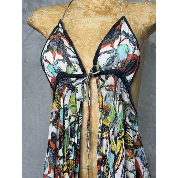 Nicholson Top Womens 10 Silk Bird Print Front Tie Triangle Halter Boho Whimsey - Picture 2 of 10